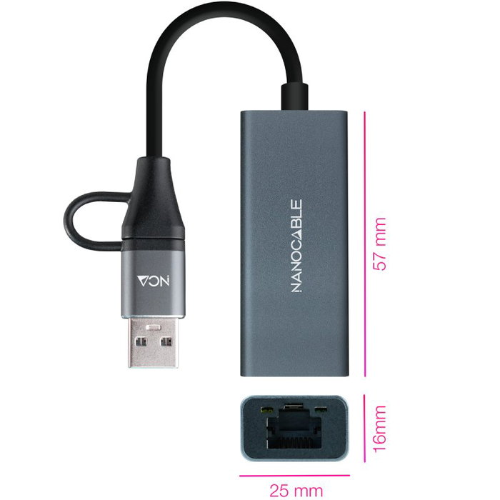 Nanocable Conversor USB-C + USB-A 3.0 a Ethernet RJ45, 1000 Mbps, Gris